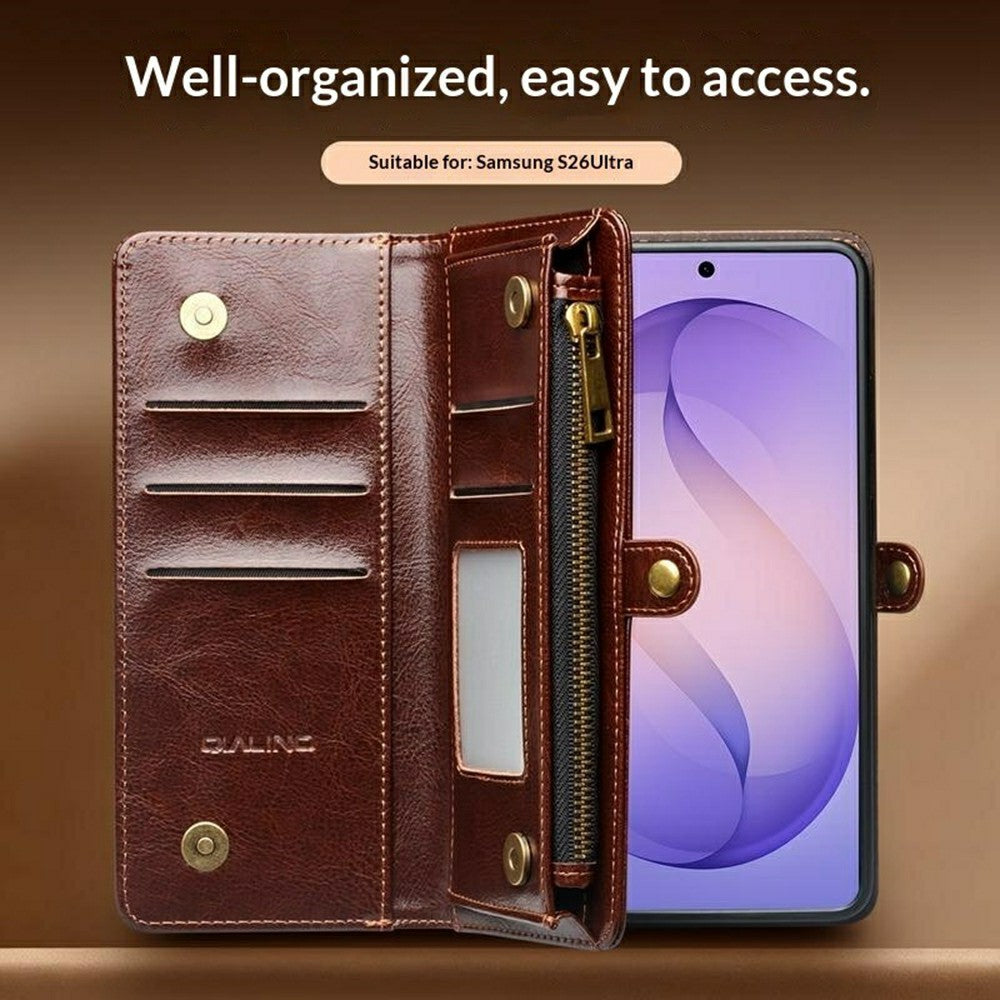 QIALINO til Samsung Galaxy S26 Ultra Etui i Spaltlæder, Aftageligt 2-i-1 Pung Telefoncover med Lang Rem og Håndledsrem