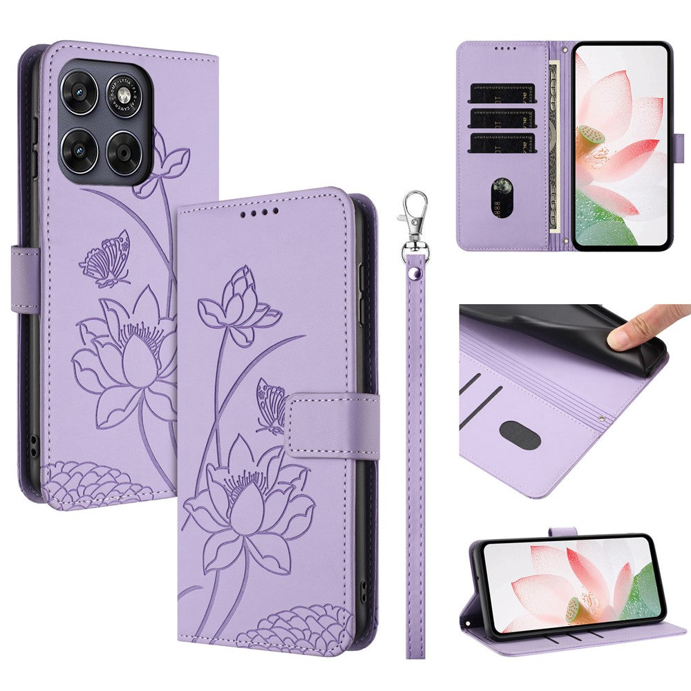 For Motorola Edge 70 Pro 5G Case Wallet Stand Lotus Imprint Leather Phone Cover with Wrist Strap