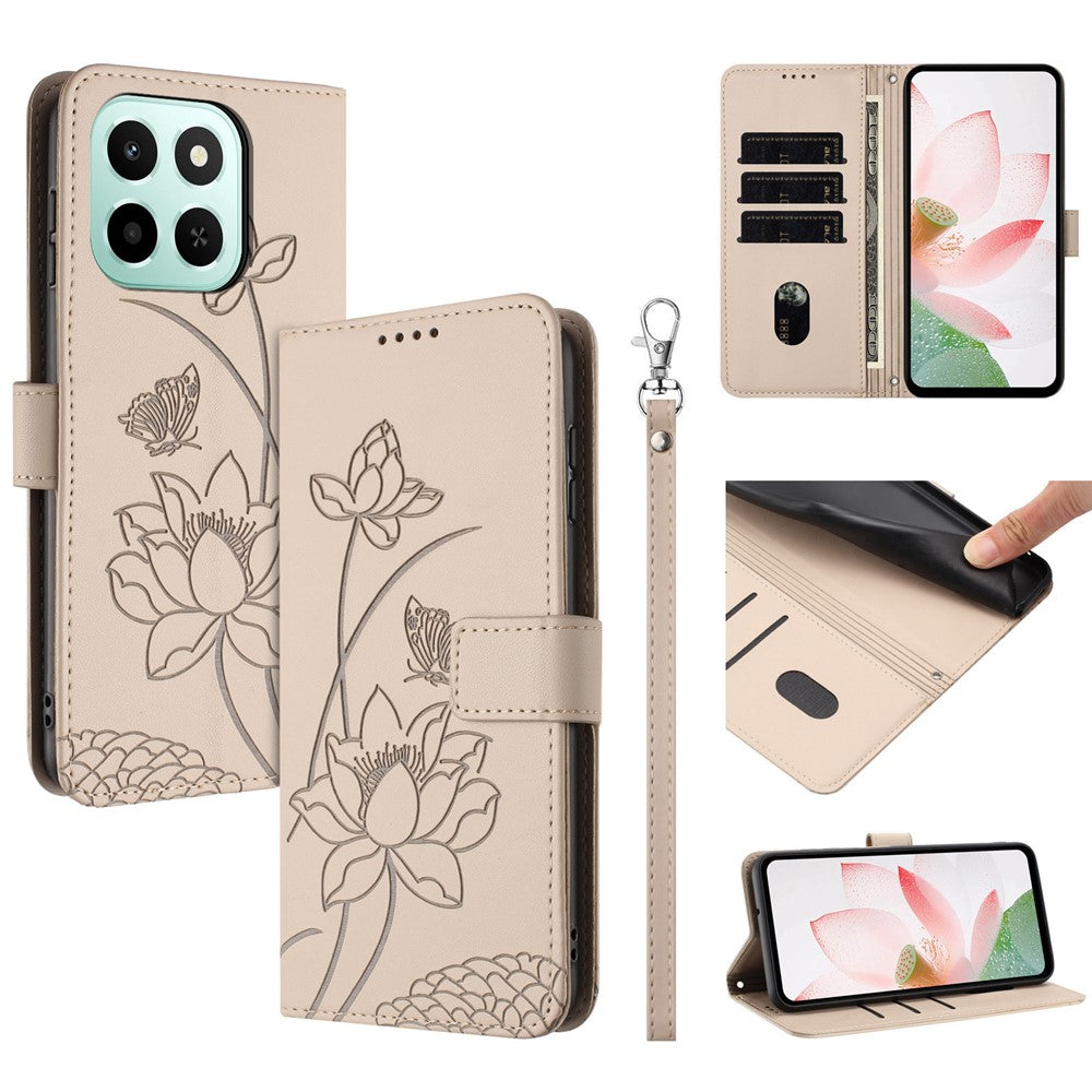For Honor 600 Smart 5G / X7e Plus 5G Case Wallet Stand Lotus Imprint Leather Phone Cover with Wrist Strap