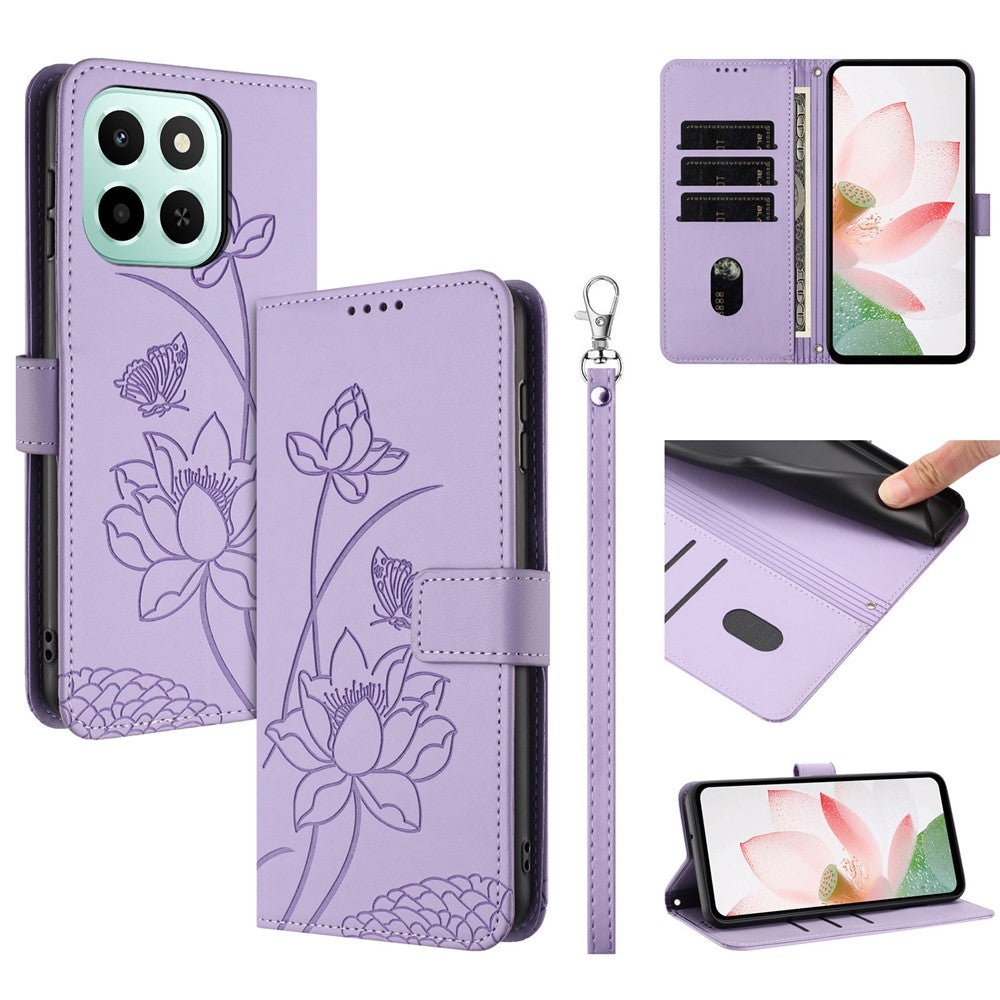 For Honor 600 Smart 5G / X7e Plus 5G Case Wallet Stand Lotus Imprint Leather Phone Cover with Wrist Strap