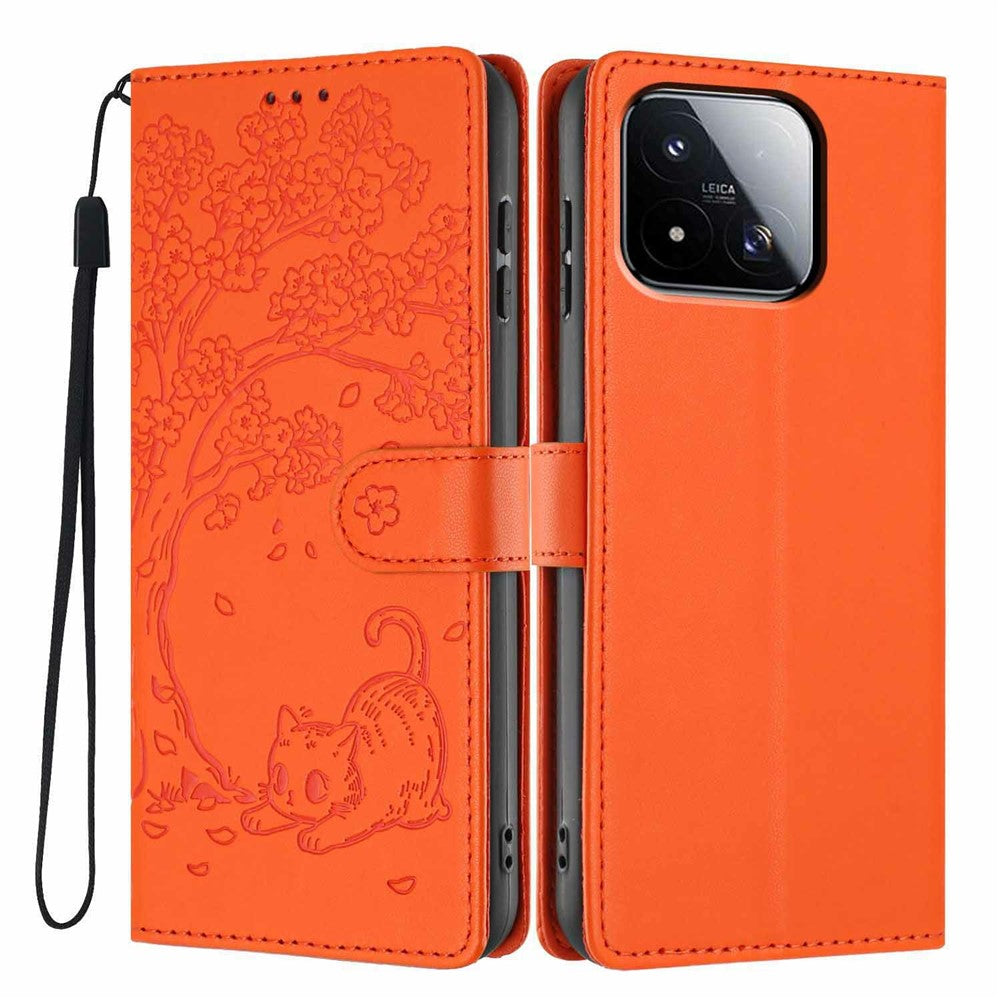 For Xiaomi 17 Max Stand Case Tree-and-Cat Pattern PU Leather Wallet Protective Phone Cover with Wrist Strap