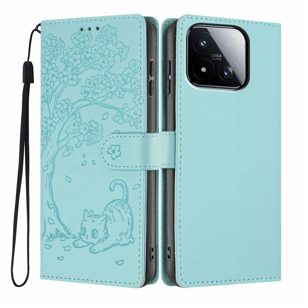 For Xiaomi 17 Max Stand Case Tree-and-Cat Pattern PU Leather Wallet Protective Phone Cover with Wrist Strap
