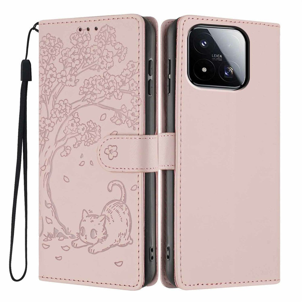For Xiaomi 17 Max Stand Case Tree-and-Cat Pattern PU Leather Wallet Protective Phone Cover with Wrist Strap