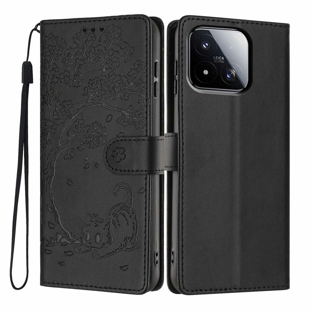 For Xiaomi 17 Max Stand Case Tree-and-Cat Pattern PU Leather Wallet Protective Phone Cover with Wrist Strap