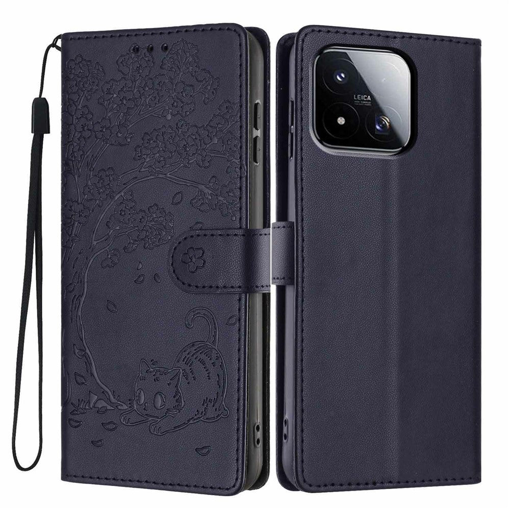 For Xiaomi 17 Max Stand Case Tree-and-Cat Pattern PU Leather Wallet Protective Phone Cover with Wrist Strap