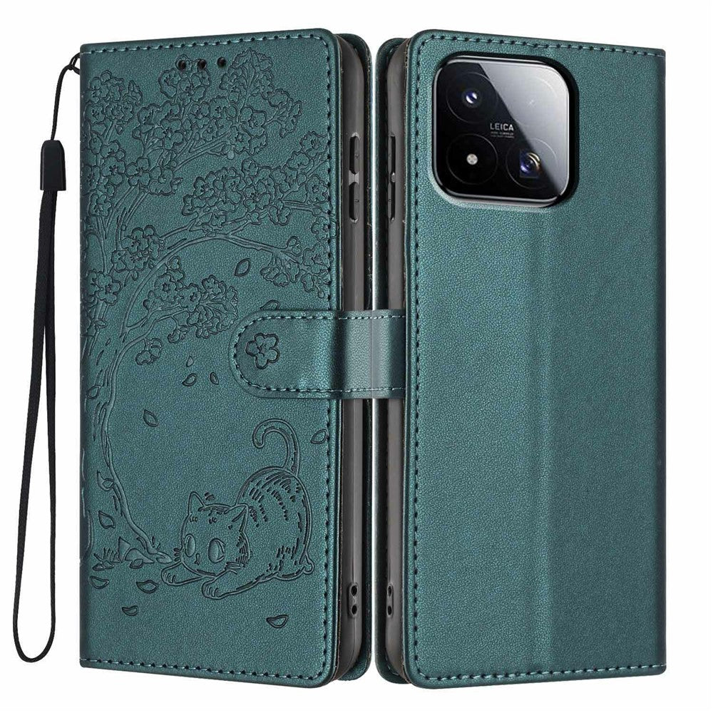 For Xiaomi 17 Max Stand Case Tree-and-Cat Pattern PU Leather Wallet Protective Phone Cover with Wrist Strap