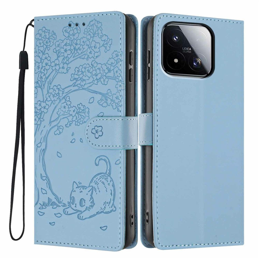 For Xiaomi 17 Max Stand Case Tree-and-Cat Pattern PU Leather Wallet Protective Phone Cover with Wrist Strap