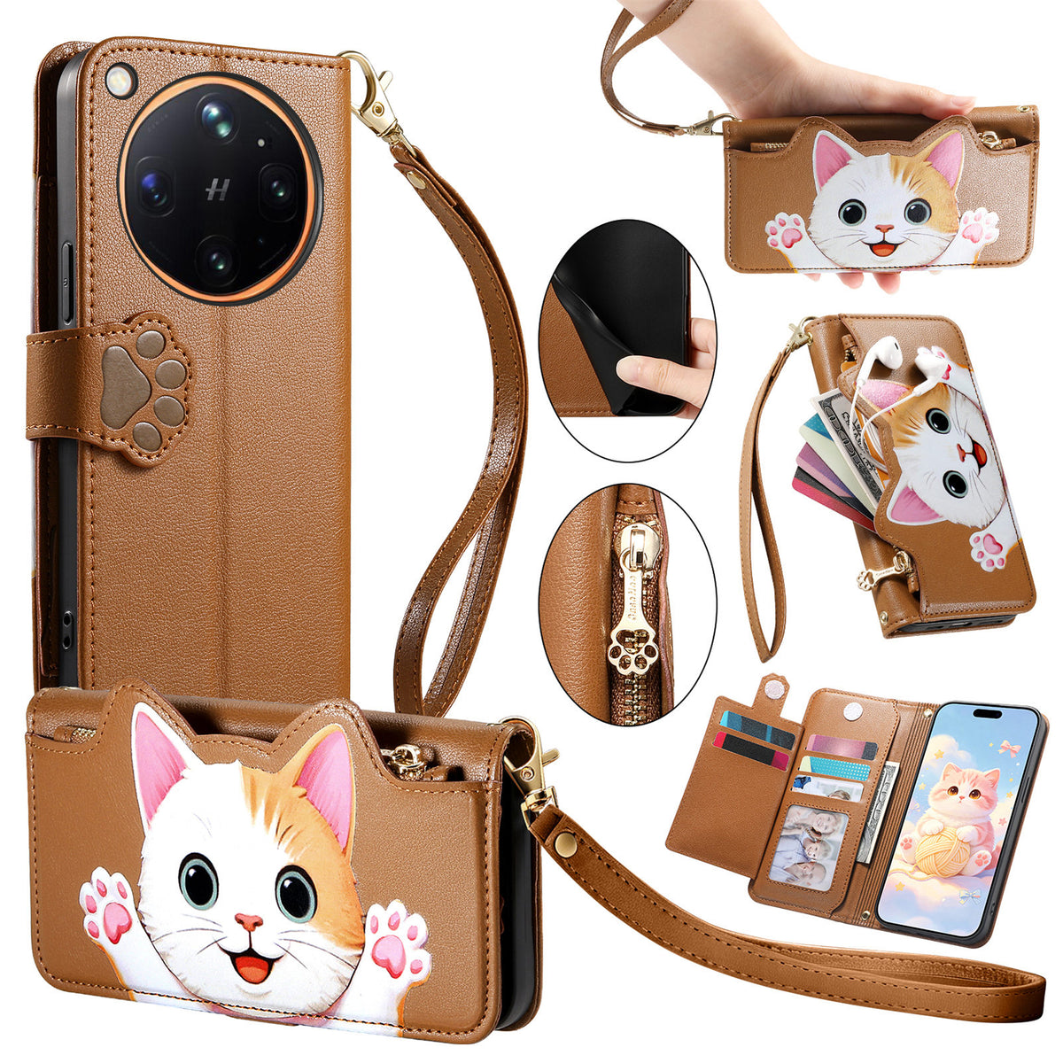 For Oppo Find X9 Ultra 5G Case Cute Cat Pattern PU Leather Wallet Phone Cover with Wrist Strap