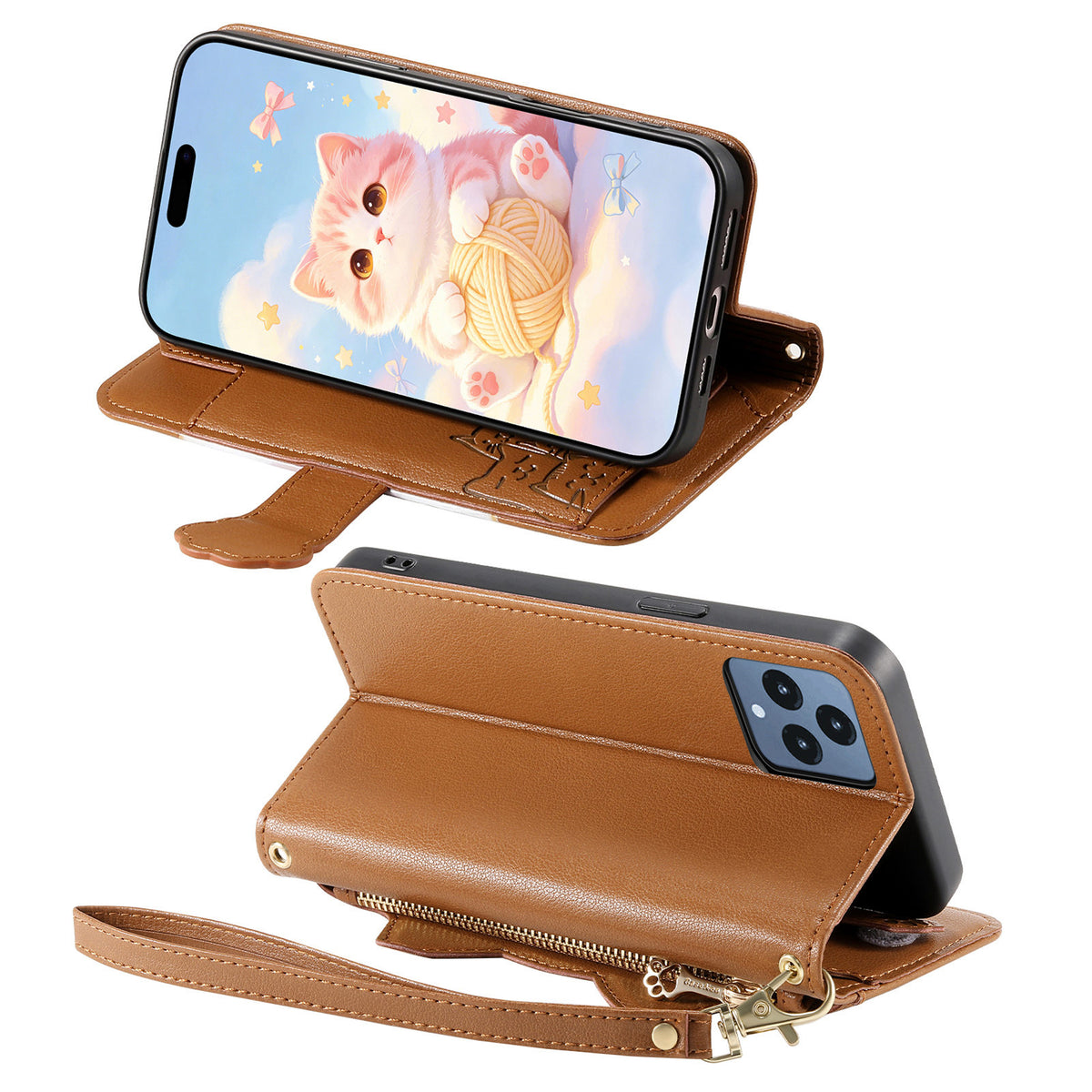 For T-Mobile REVVL 6 5G Case Cute Cat Pattern PU Leather Wallet Phone Cover with Wrist Strap