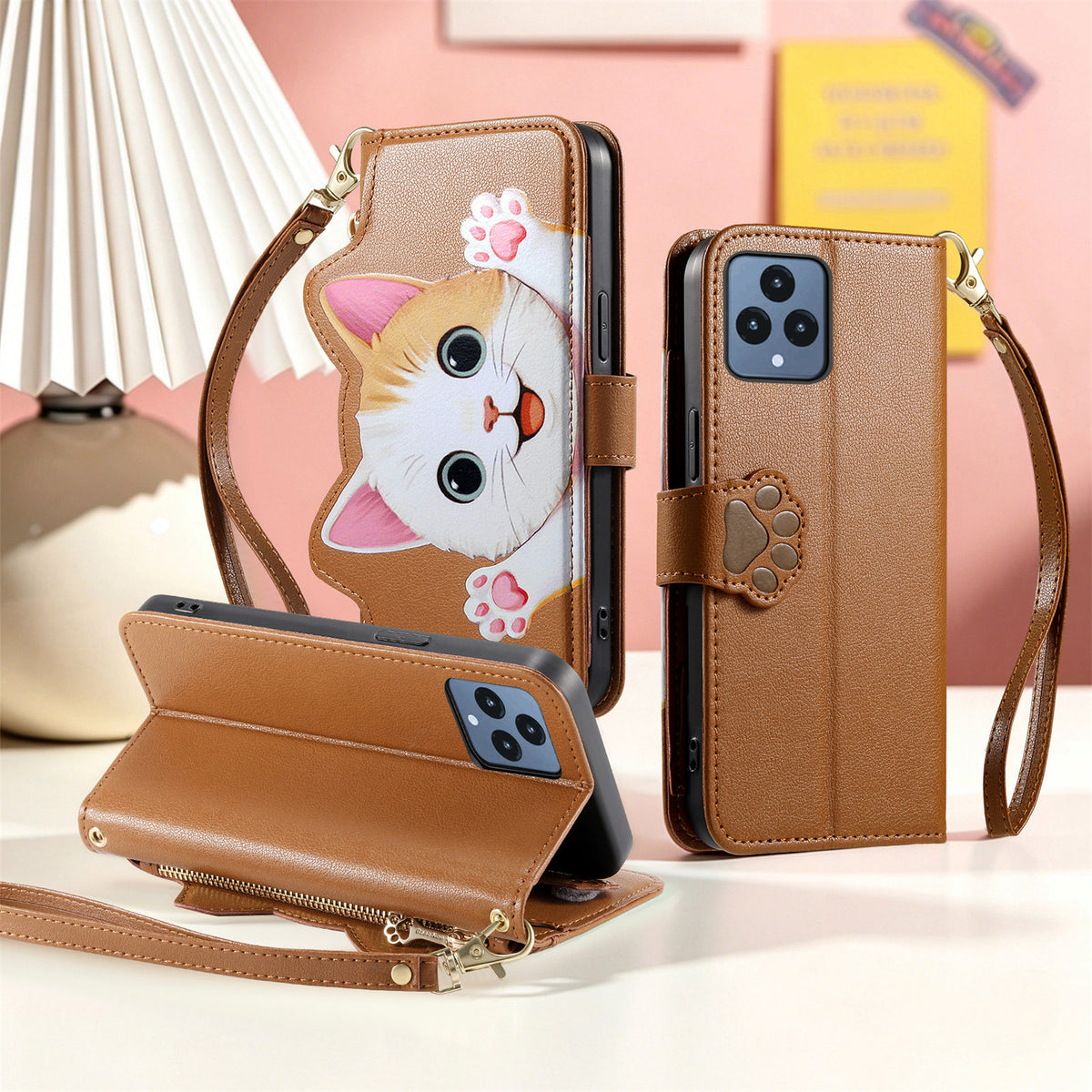 For T-Mobile REVVL 6 5G Case Cute Cat Pattern PU Leather Wallet Phone Cover with Wrist Strap