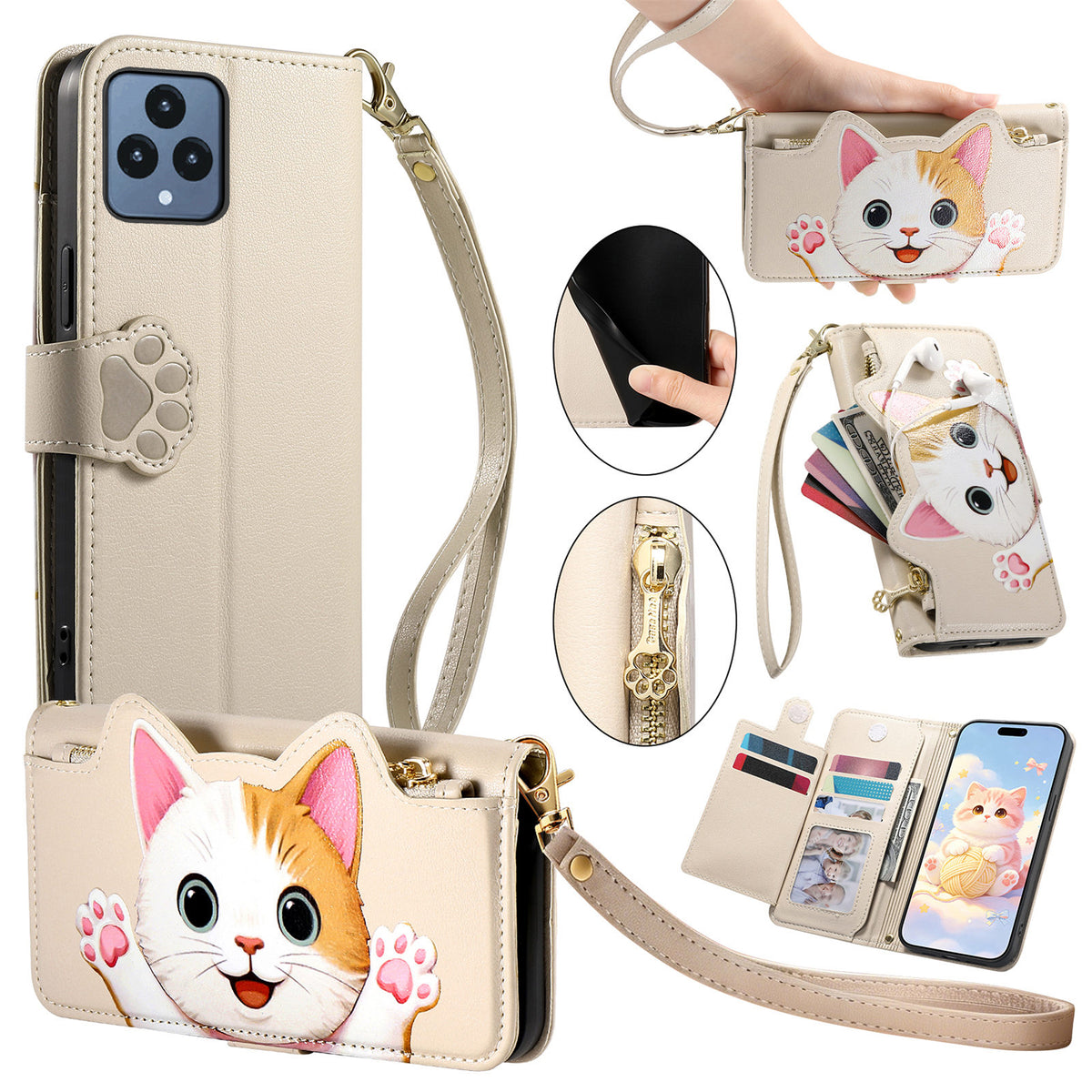 For T-Mobile REVVL 6 5G Case Cute Cat Pattern PU Leather Wallet Phone Cover with Wrist Strap