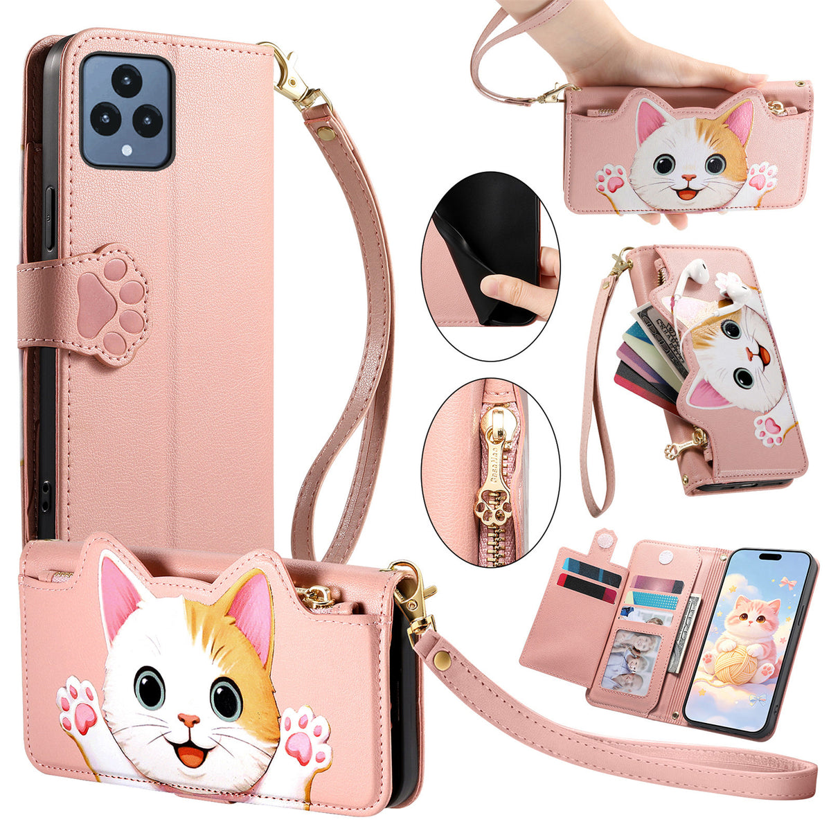 For T-Mobile REVVL 6 5G Case Cute Cat Pattern PU Leather Wallet Phone Cover with Wrist Strap