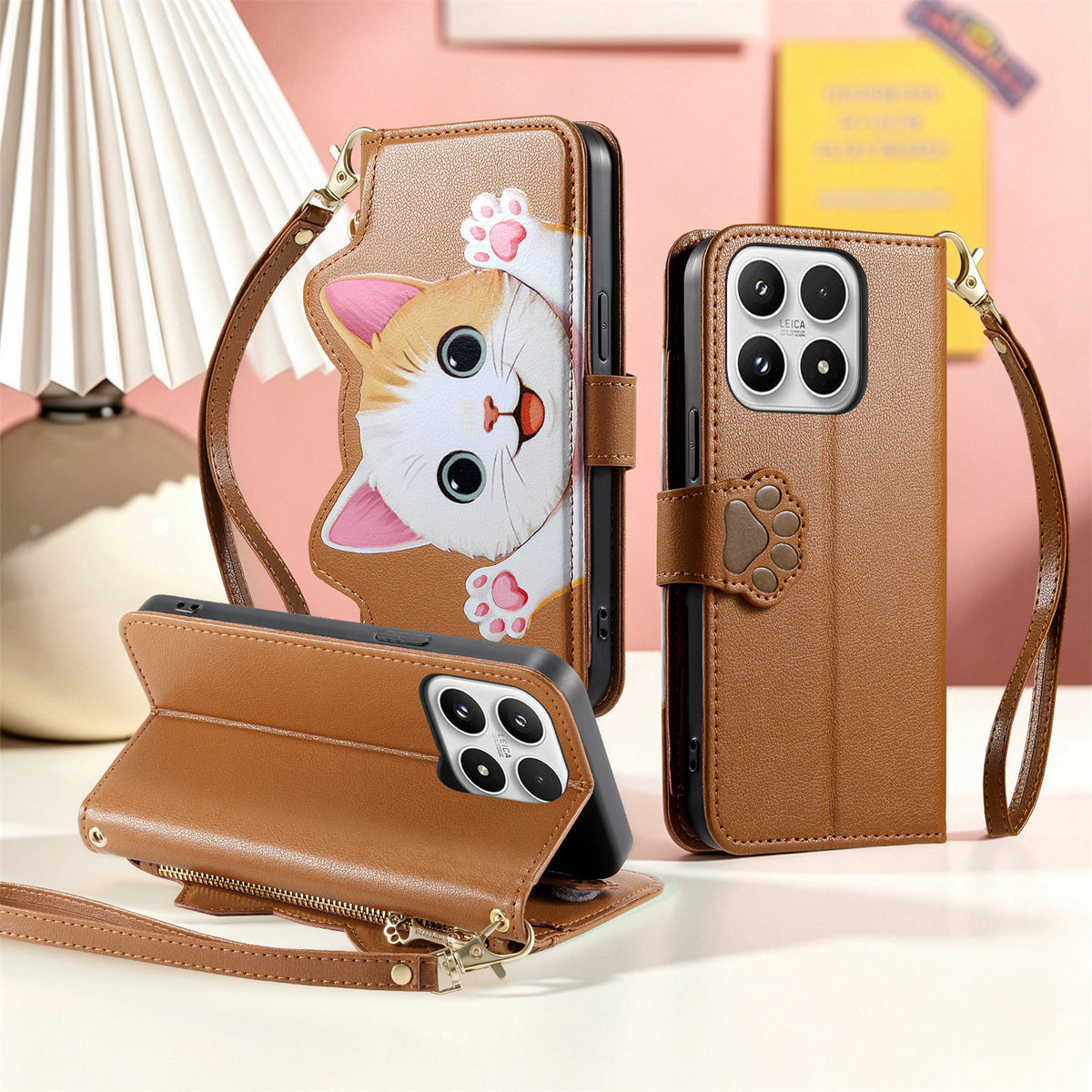For Xiaomi 17 Case Cute Cat Pattern PU Leather Wallet Phone Cover with Wrist Strap