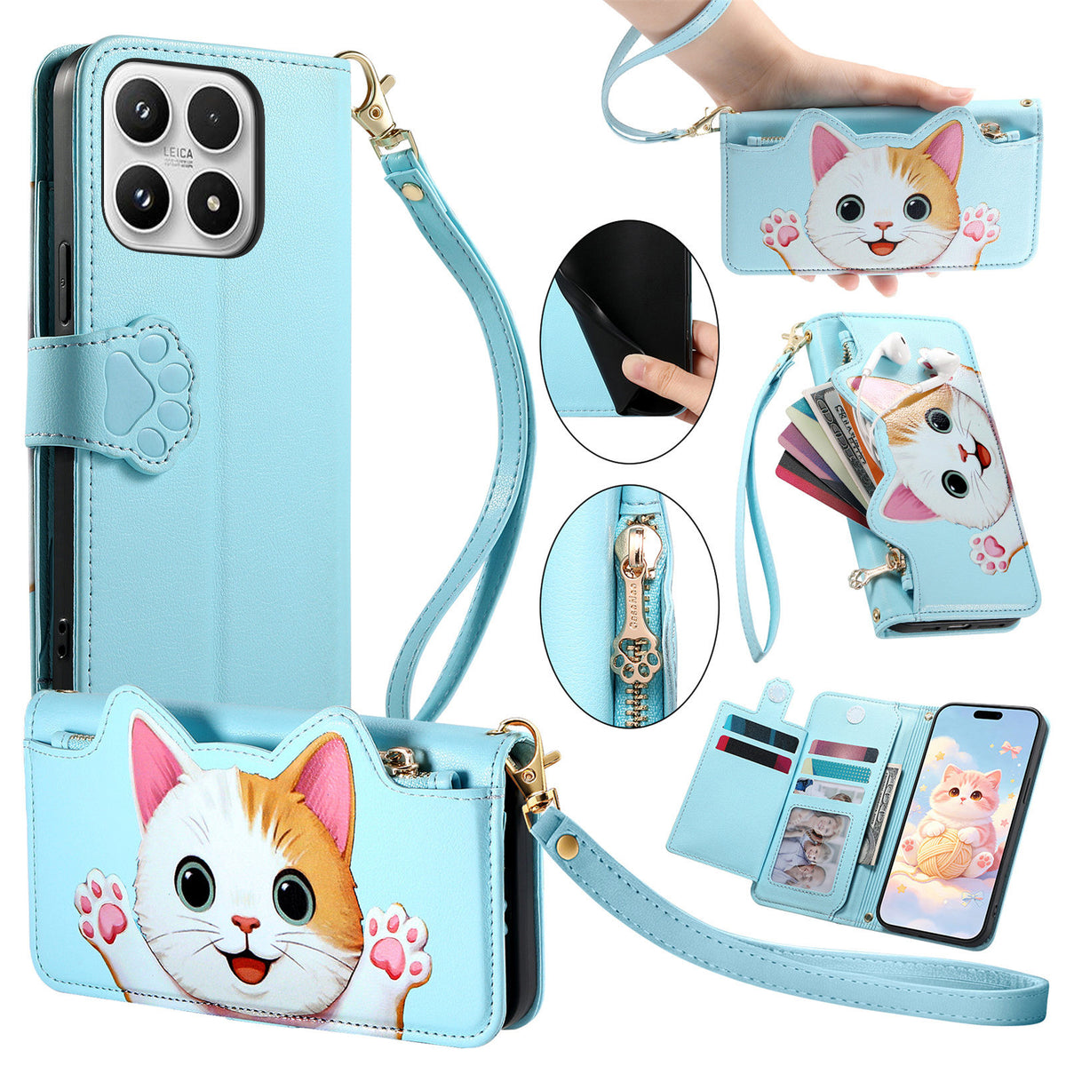 For Xiaomi 17 Case Cute Cat Pattern PU Leather Wallet Phone Cover with Wrist Strap