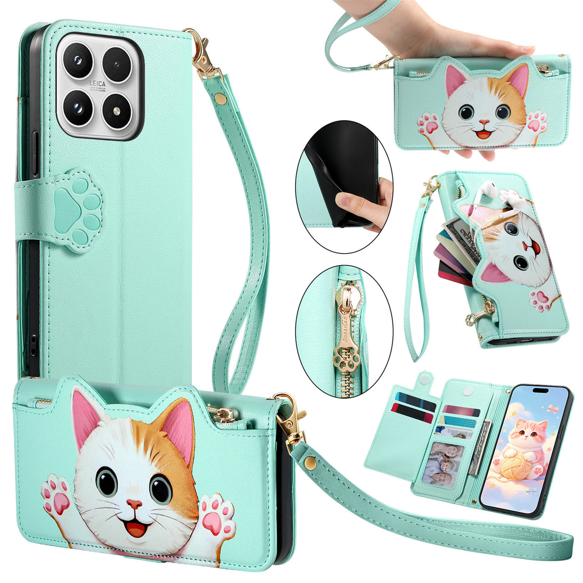 For Xiaomi 17 Case Cute Cat Pattern PU Leather Wallet Phone Cover with Wrist Strap