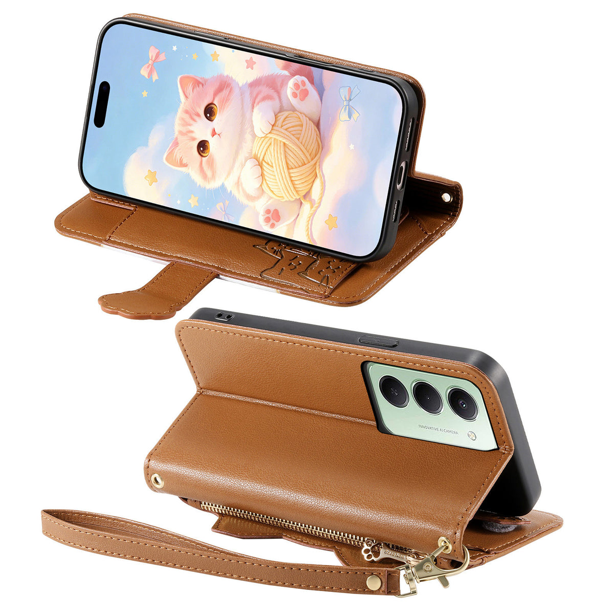 Xiaomi Redmi 15 4G (EU) (171mm) Fodral Sött Kattmönster PU-läder Plånboksfodral med Handledsrem