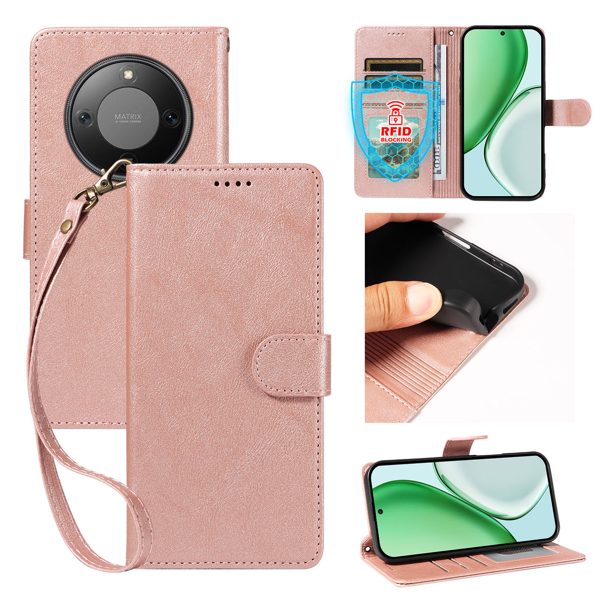For Honor X9d 5G / Honor Magic8 Lite 5G / Honor X70 5G Case with Wrist Strap RFID Blocking Wallet Cowhide Texture Leather Phone Cover