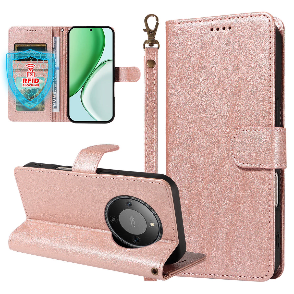 For Honor X9d 5G / Honor Magic8 Lite 5G / Honor X70 5G Case with Wrist Strap RFID Blocking Wallet Cowhide Texture Leather Phone Cover