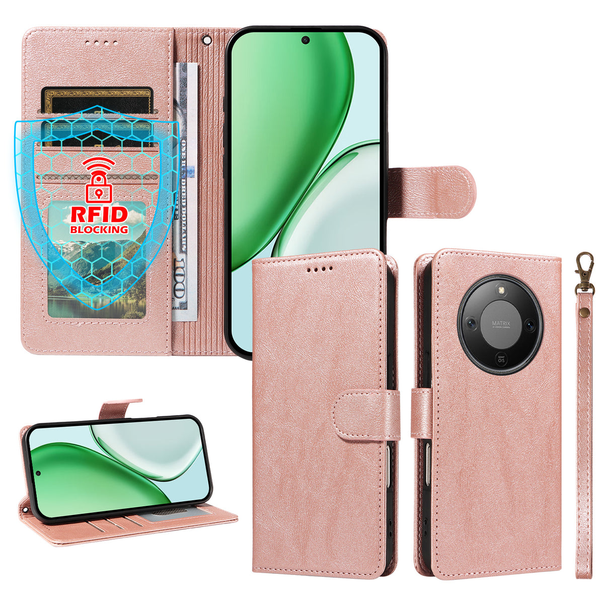For Honor X9d 5G / Honor Magic8 Lite 5G / Honor X70 5G Case with Wrist Strap RFID Blocking Wallet Cowhide Texture Leather Phone Cover
