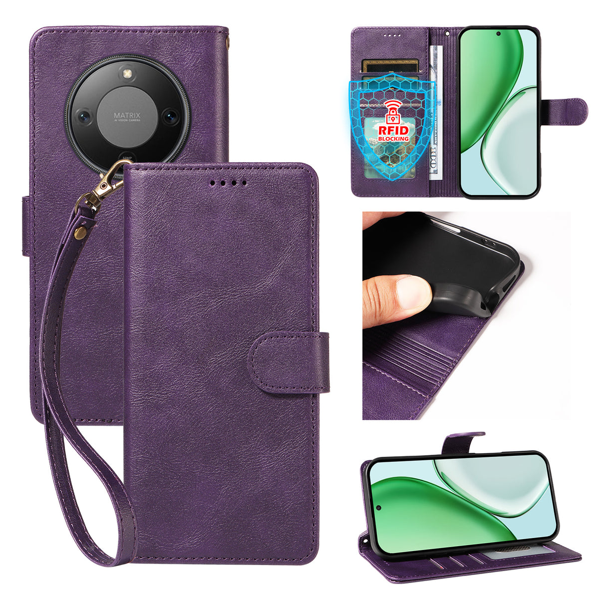 For Honor X9d 5G / Honor Magic8 Lite 5G / Honor X70 5G Case with Wrist Strap RFID Blocking Wallet Cowhide Texture Leather Phone Cover