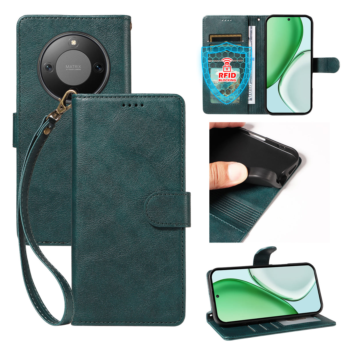 For Honor X9d 5G / Honor Magic8 Lite 5G / Honor X70 5G Case with Wrist Strap RFID Blocking Wallet Cowhide Texture Leather Phone Cover