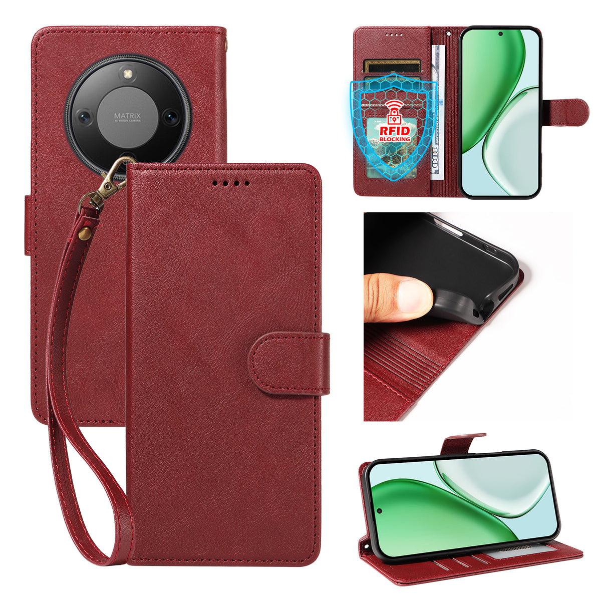 For Honor X9d 5G / Honor Magic8 Lite 5G / Honor X70 5G Case with Wrist Strap RFID Blocking Wallet Cowhide Texture Leather Phone Cover