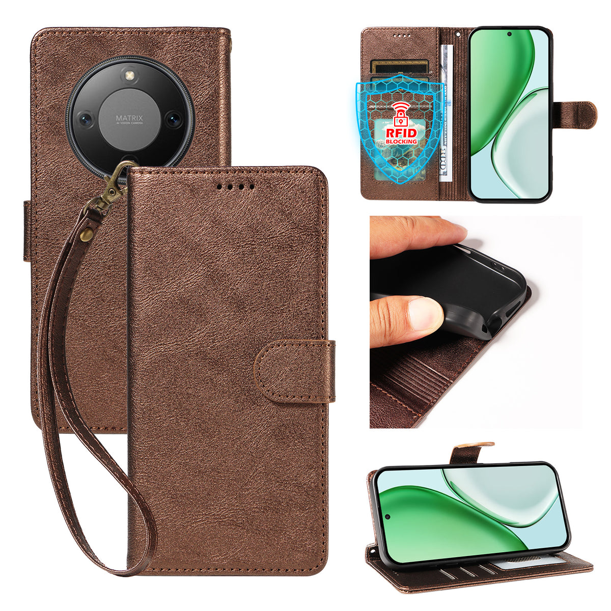 For Honor X9d 5G / Honor Magic8 Lite 5G / Honor X70 5G Case with Wrist Strap RFID Blocking Wallet Cowhide Texture Leather Phone Cover