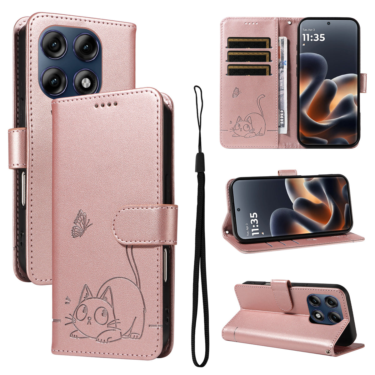 For Motorola Edge 70 Pro 5G Case Cat Pattern Imprint Leather Phone Cover with Wrist Strap