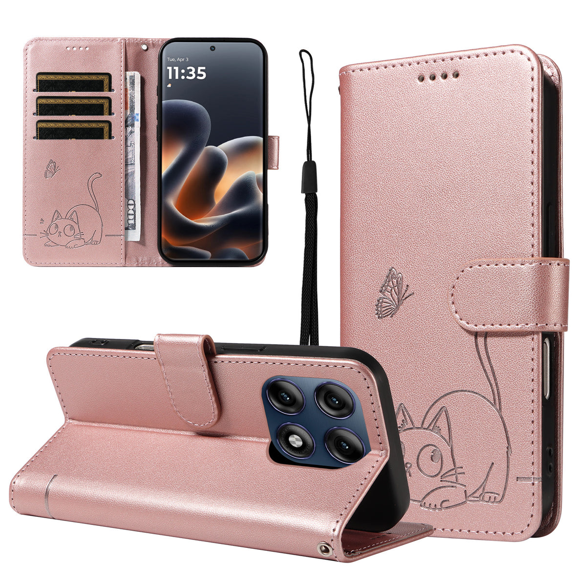 For Motorola Edge 70 Pro 5G Case Cat Pattern Imprint Leather Phone Cover with Wrist Strap