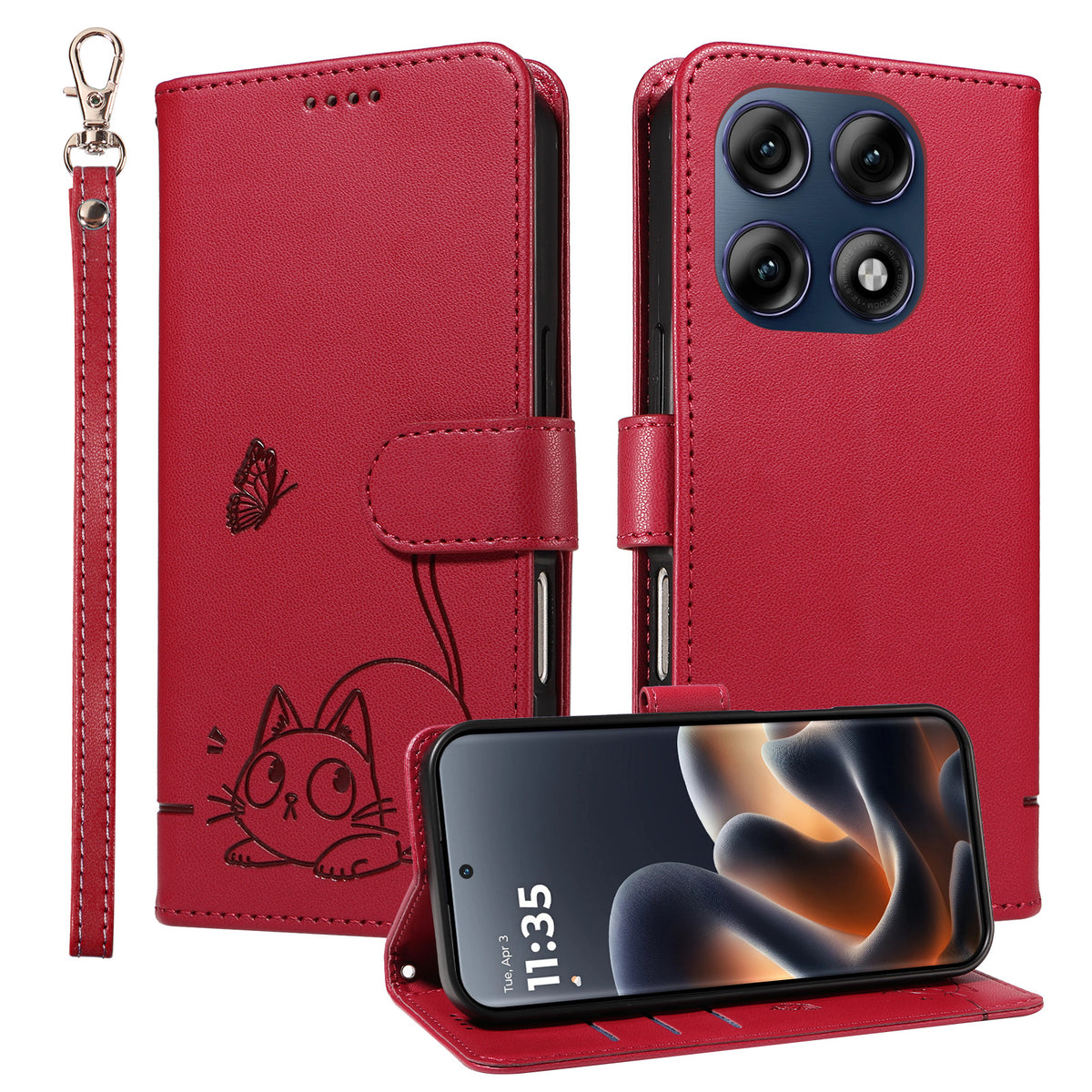For Motorola Edge 70 Pro 5G Case Cat Pattern Imprint Leather Phone Cover with Wrist Strap