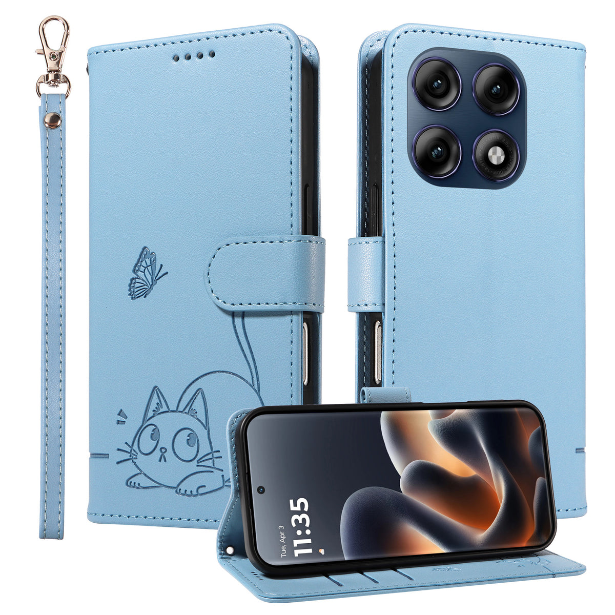 For Motorola Edge 70 Pro 5G Case Cat Pattern Imprint Leather Phone Cover with Wrist Strap