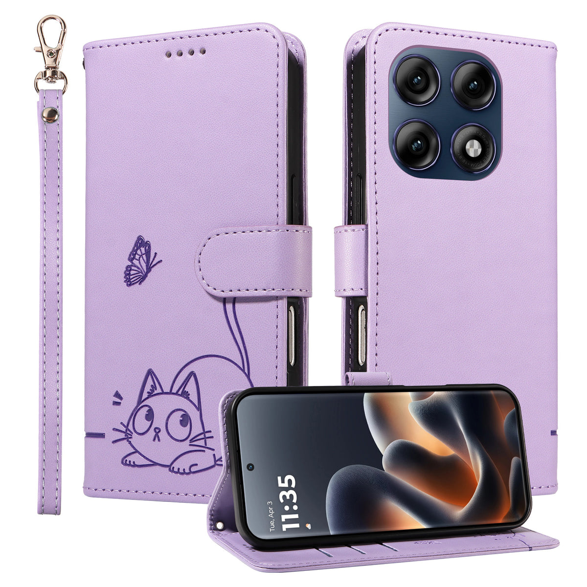 For Motorola Edge 70 Pro 5G Case Cat Pattern Imprint Leather Phone Cover with Wrist Strap
