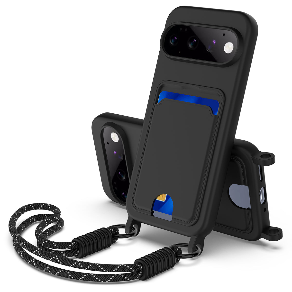 For Google Pixel 11 Pro Liquid Silicone Case  Phone Back Cover with Card Holder and Short Strap