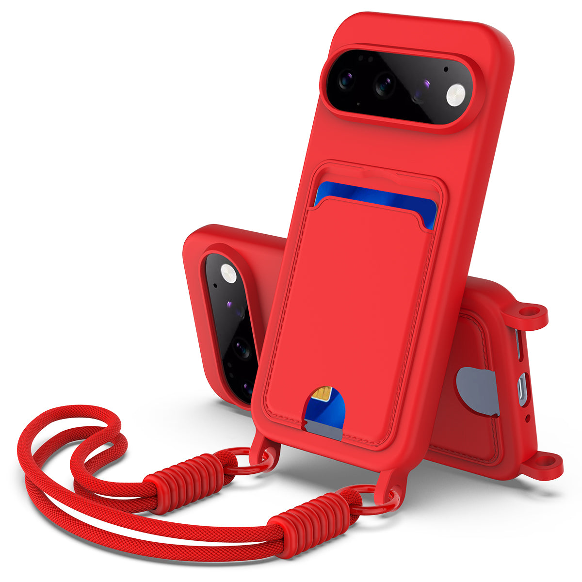 For Google Pixel 11 Pro Liquid Silicone Case  Phone Back Cover with Card Holder and Short Strap