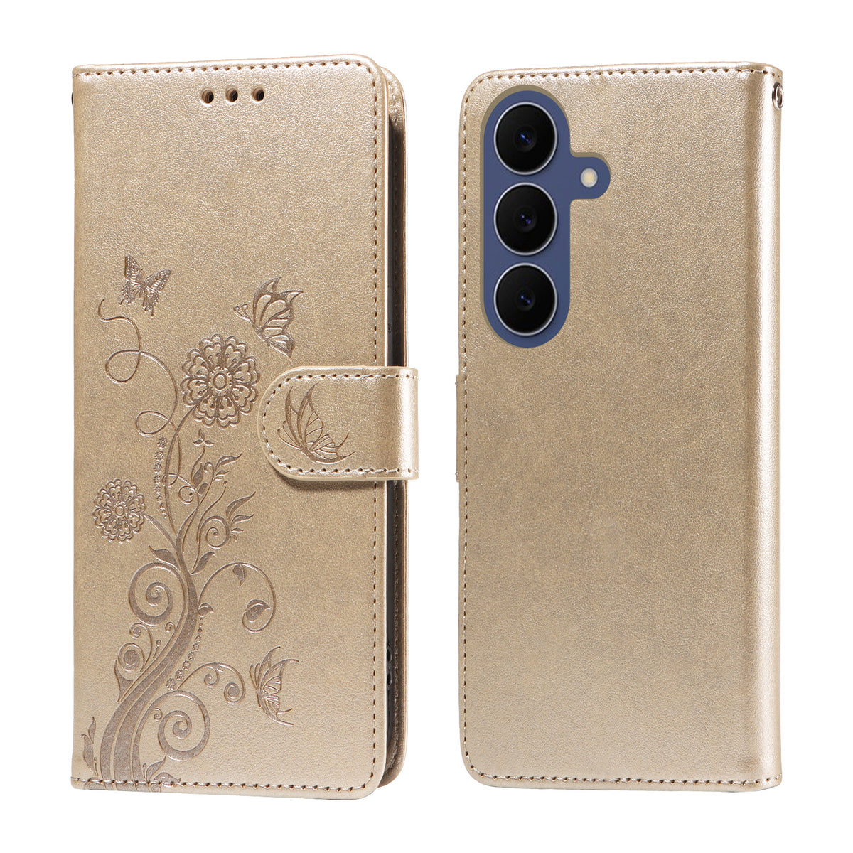 Til Samsung Galaxy S26 FE Lædercover Sommerfugl Blomsterpræg Tegnebog Stand Cover