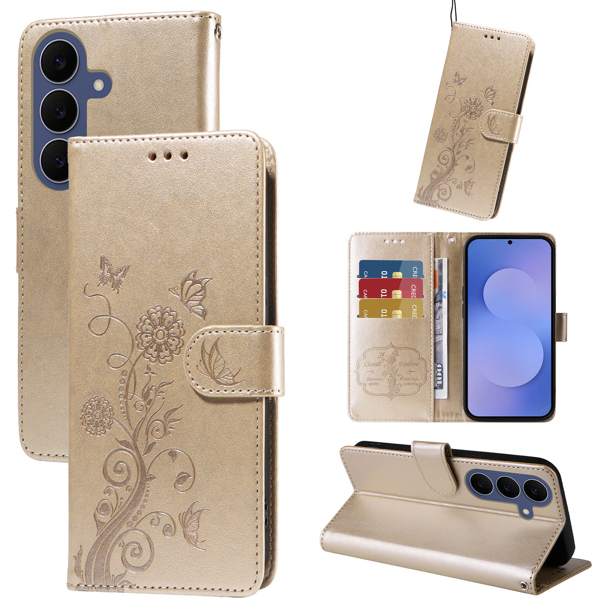 Til Samsung Galaxy S26 FE Lædercover Sommerfugl Blomsterpræg Tegnebog Stand Cover