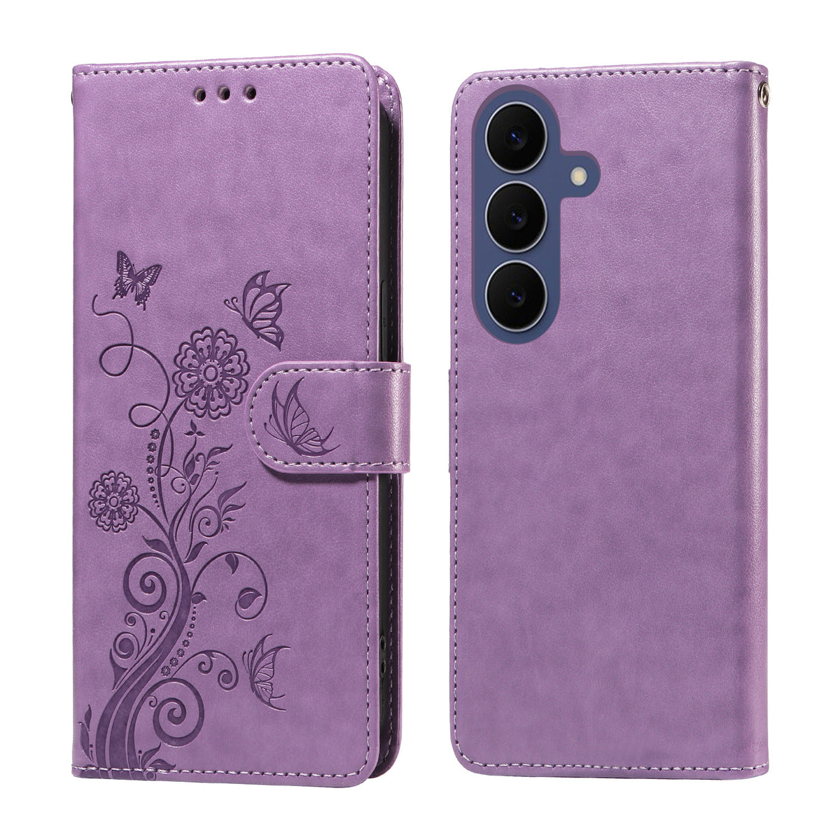 Til Samsung Galaxy S26 FE Lædercover Sommerfugl Blomsterpræg Tegnebog Stand Cover
