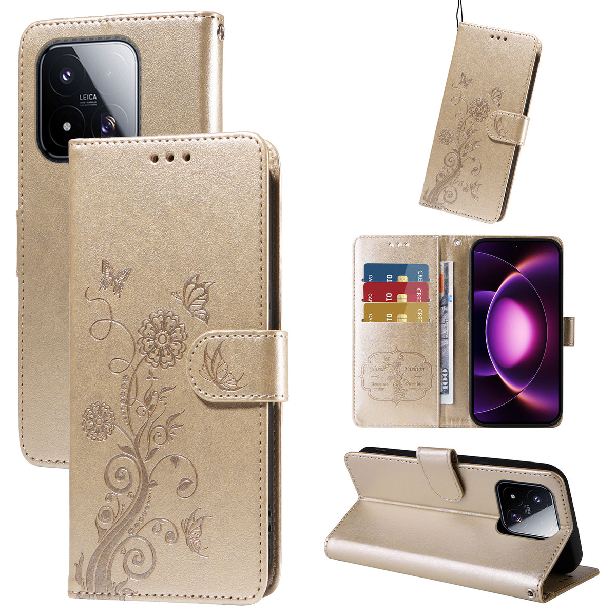 Läderfodral för Xiaomi 17 Max med fjärilsmönster och blommigt tryck. Plånboksfodral.