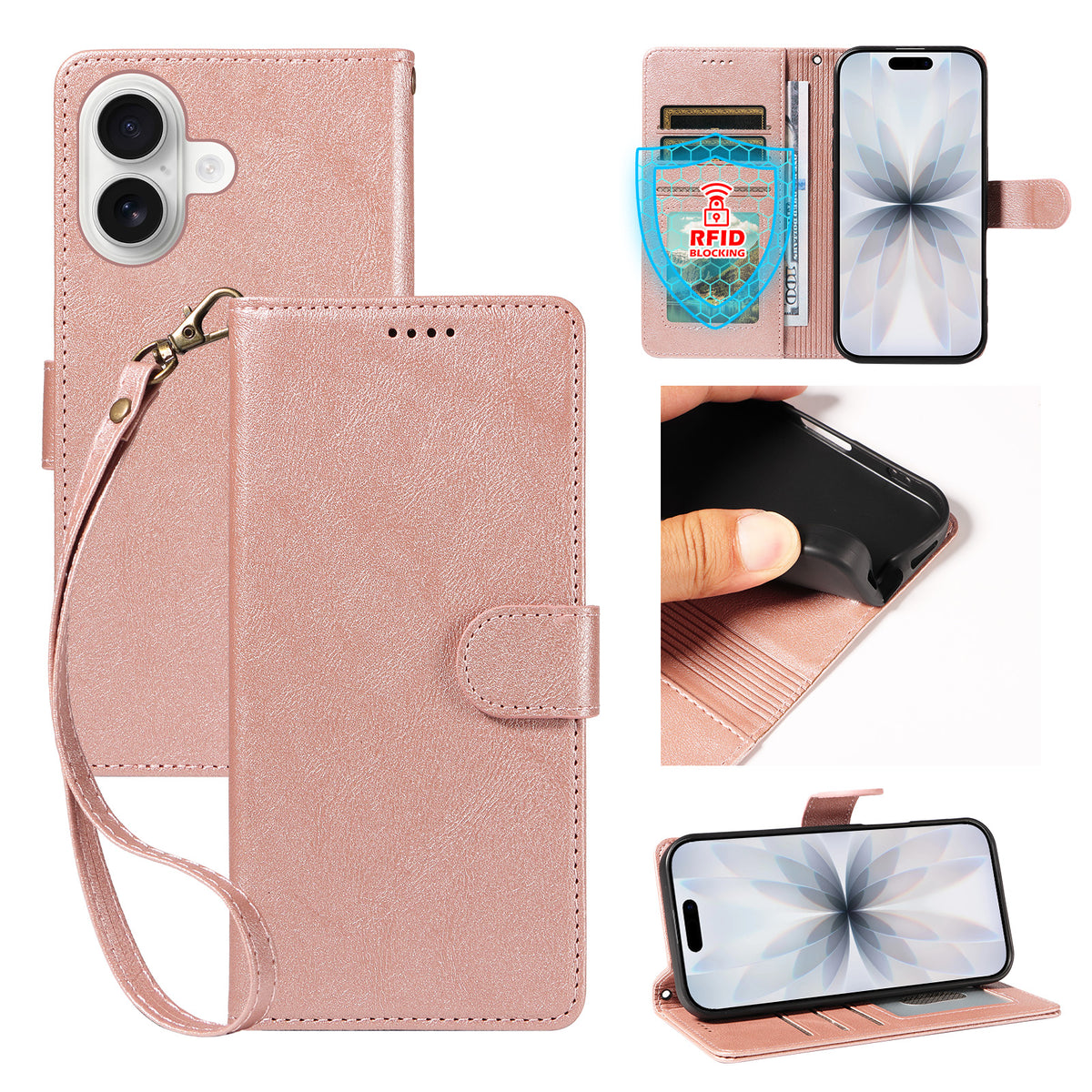 Til iPhone 18 / iPhone 17 Etui med Håndledsrem RFID Blokerende Pung Lædertelefoncover med Koskindstekstur