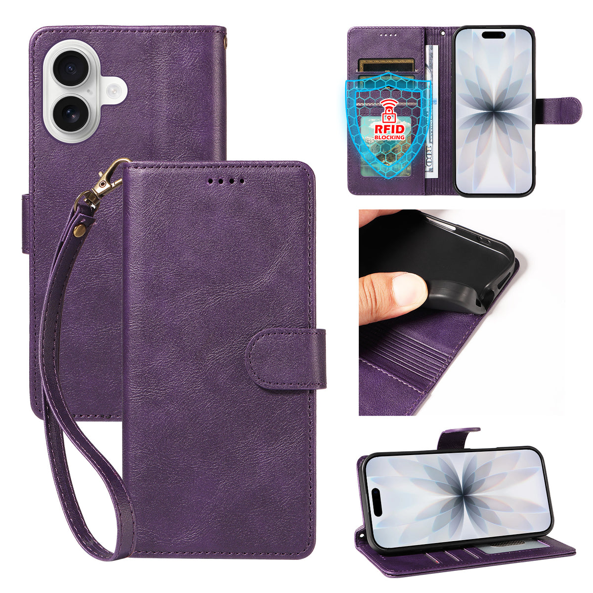 Til iPhone 18 / iPhone 17 Etui med Håndledsrem RFID Blokerende Pung Lædertelefoncover med Koskindstekstur