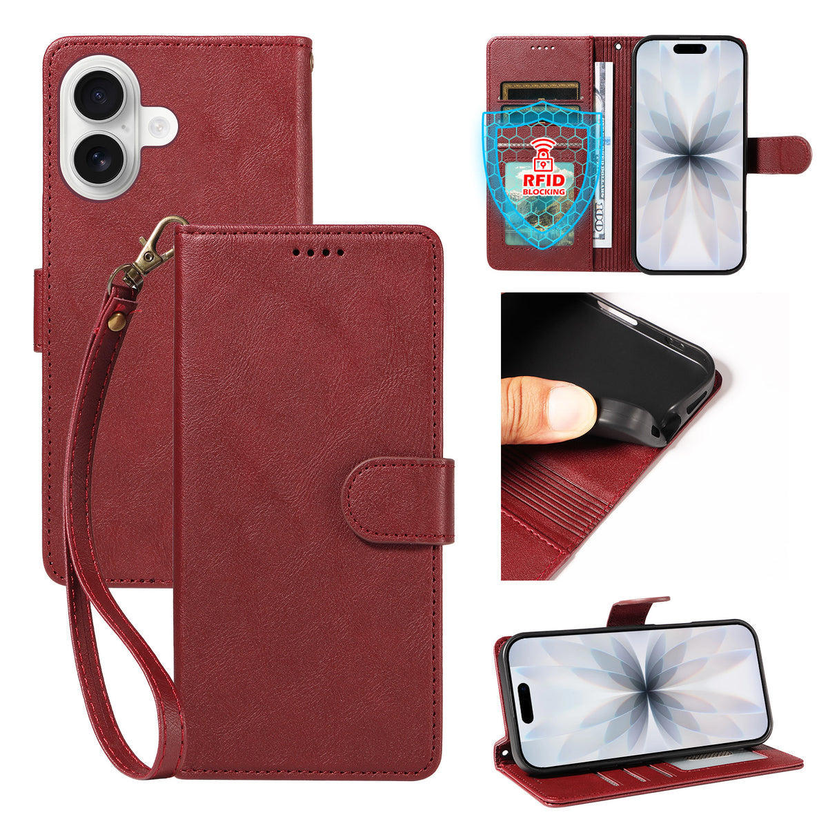 Til iPhone 18 / iPhone 17 Etui med Håndledsrem RFID Blokerende Pung Lædertelefoncover med Koskindstekstur