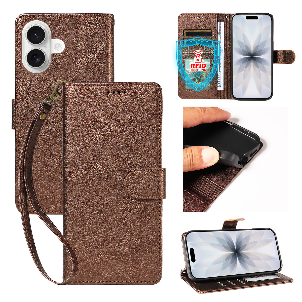 Til iPhone 18 / iPhone 17 Etui med Håndledsrem RFID Blokerende Pung Lædertelefoncover med Koskindstekstur