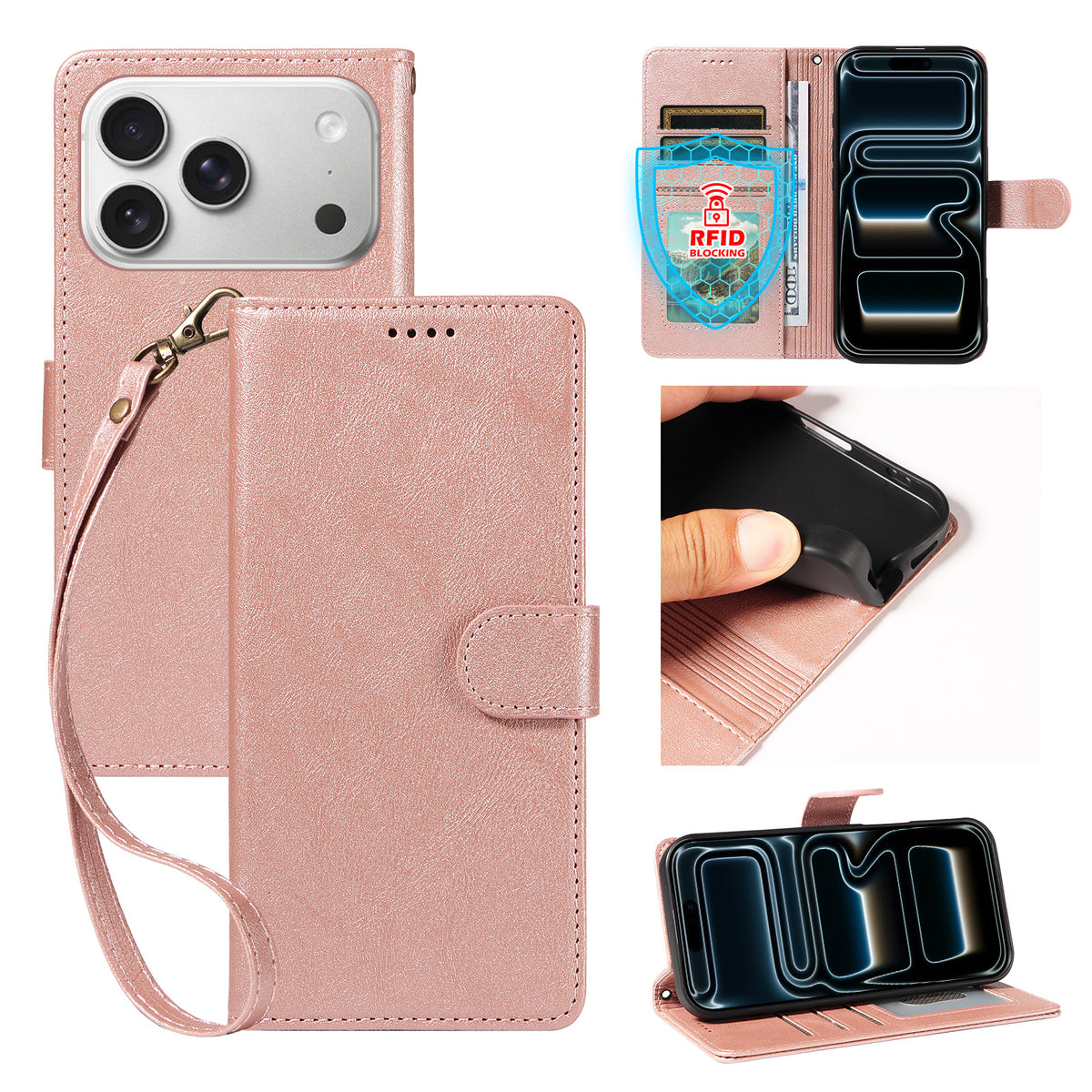 Til iPhone 18 Pro / iPhone 17 Pro cover med håndledsrem RFID-blokerende pung lædercover med koskindstekstur