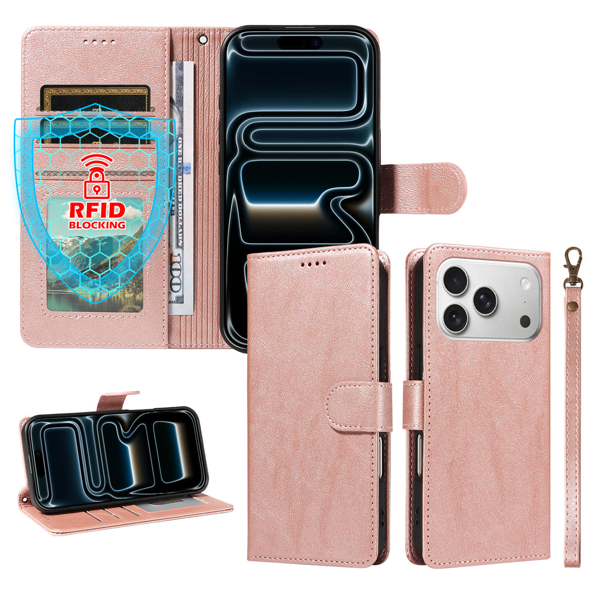 Til iPhone 18 Pro / iPhone 17 Pro cover med håndledsrem RFID-blokerende pung lædercover med koskindstekstur