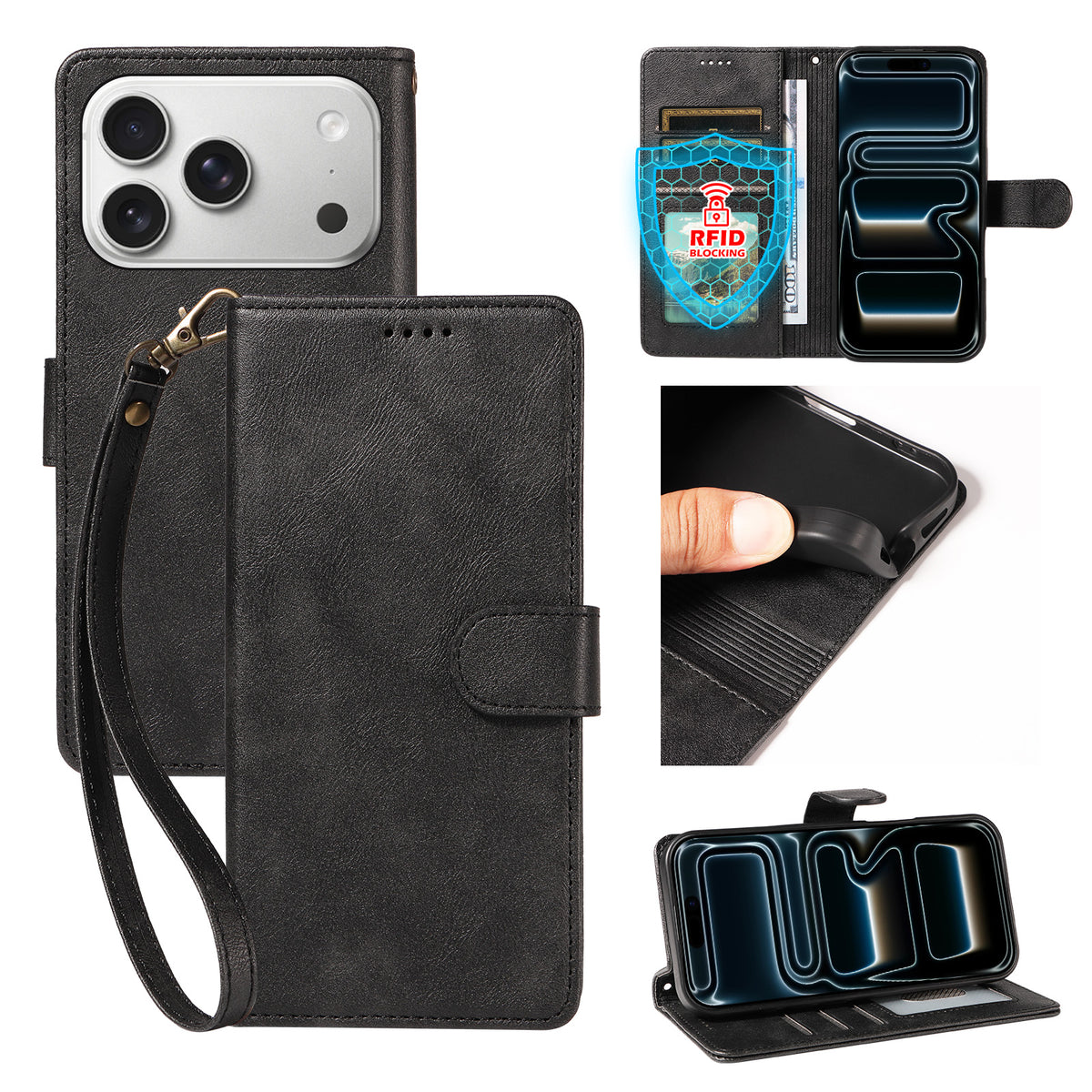 Til iPhone 18 Pro / iPhone 17 Pro cover med håndledsrem RFID-blokerende pung lædercover med koskindstekstur