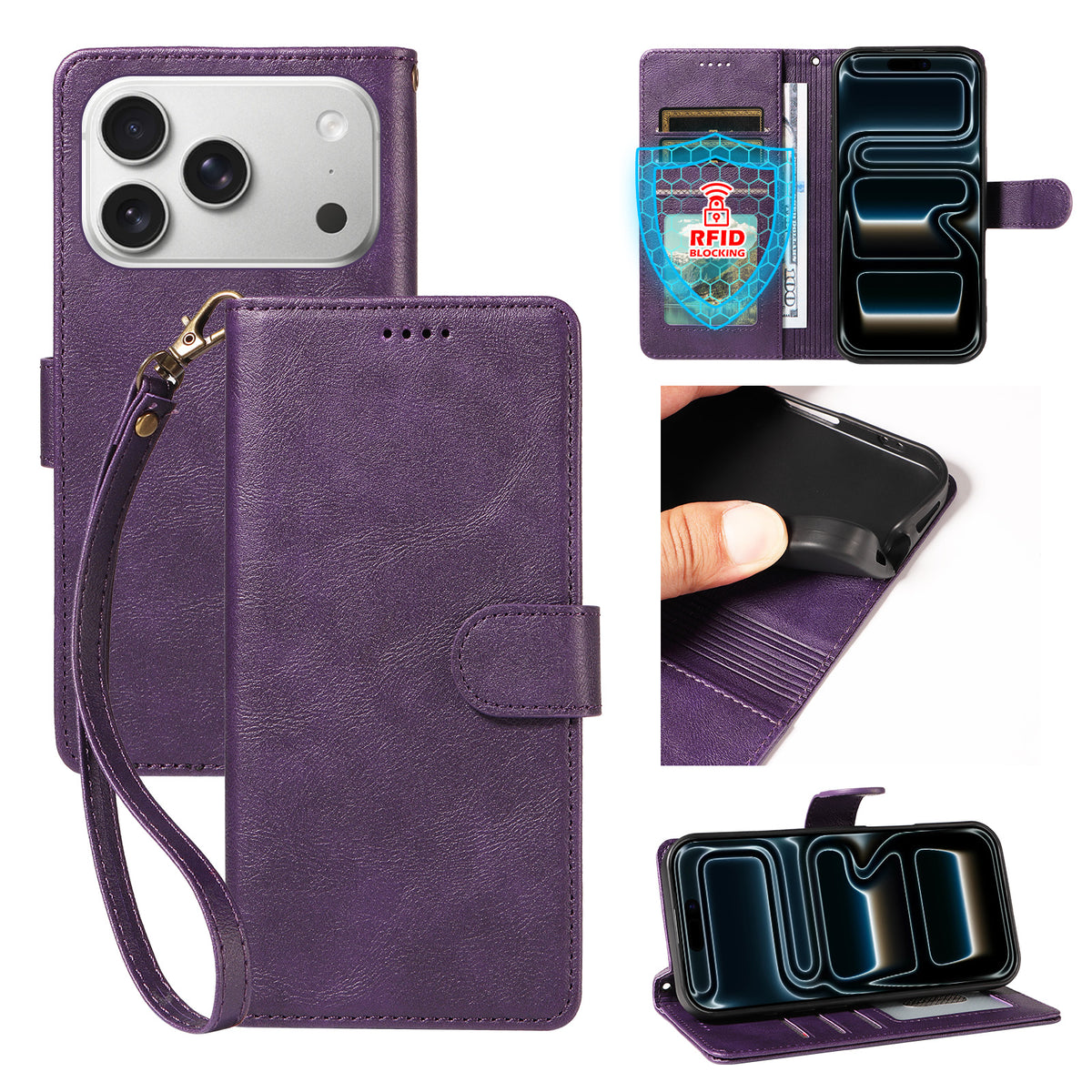 Til iPhone 18 Pro / iPhone 17 Pro cover med håndledsrem RFID-blokerende pung lædercover med koskindstekstur