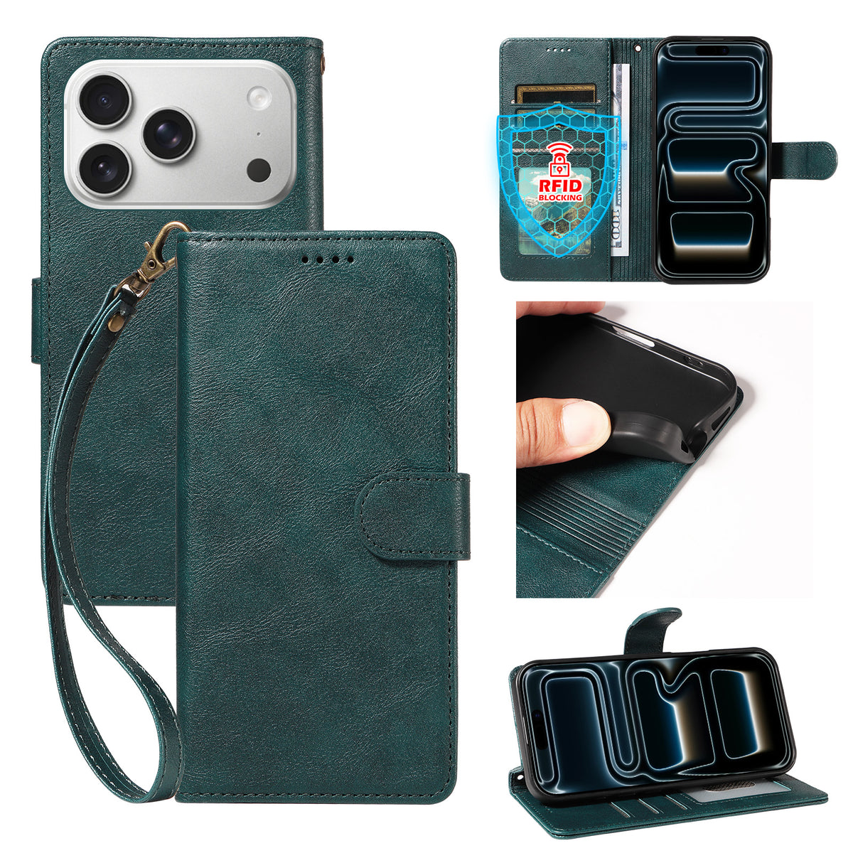 Til iPhone 18 Pro / iPhone 17 Pro cover med håndledsrem RFID-blokerende pung lædercover med koskindstekstur