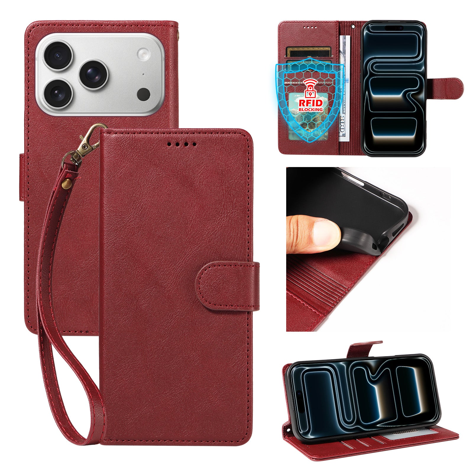 Til iPhone 18 Pro / iPhone 17 Pro cover med håndledsrem RFID-blokerende pung lædercover med koskindstekstur