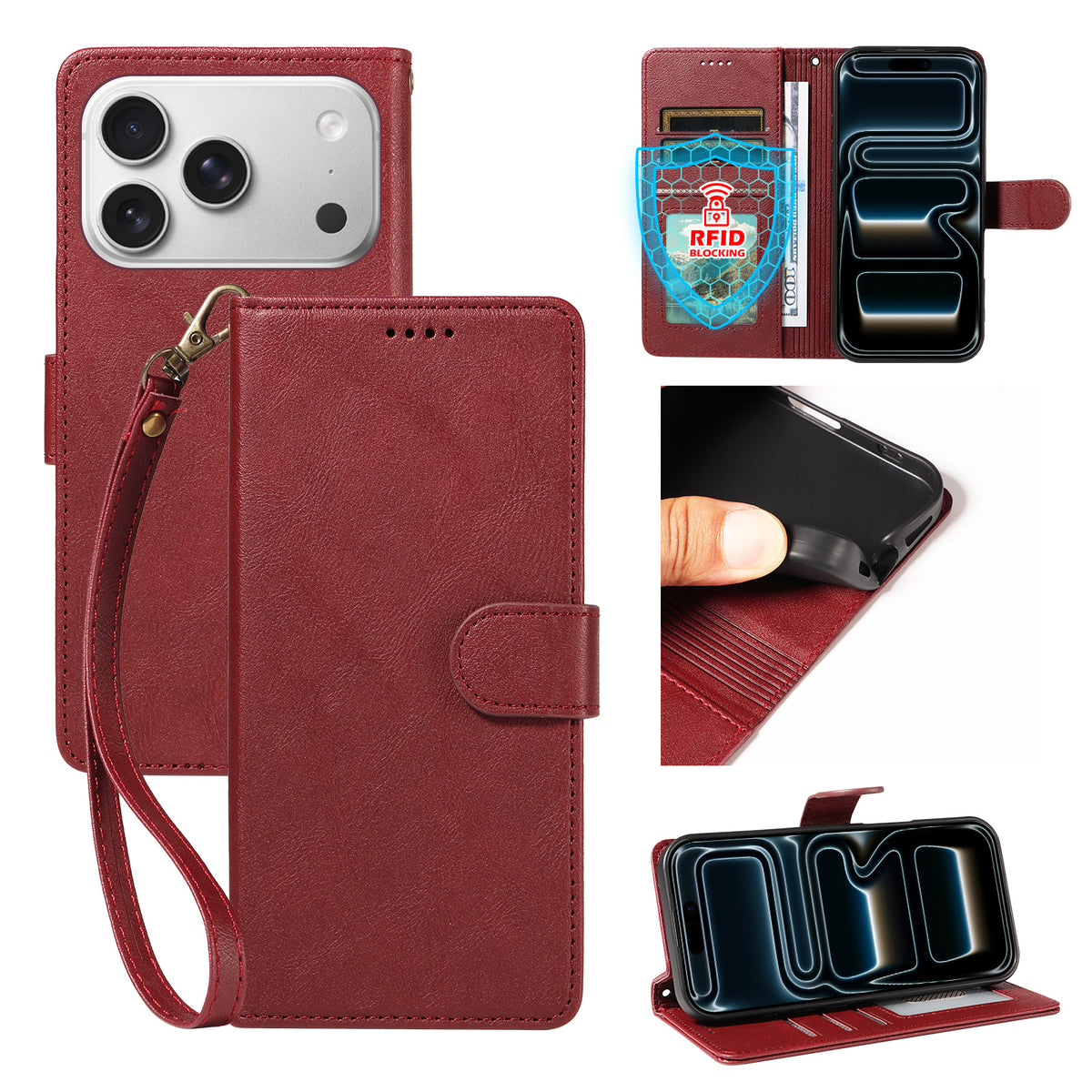 Til iPhone 18 Pro / iPhone 17 Pro cover med håndledsrem RFID-blokerende pung lædercover med koskindstekstur