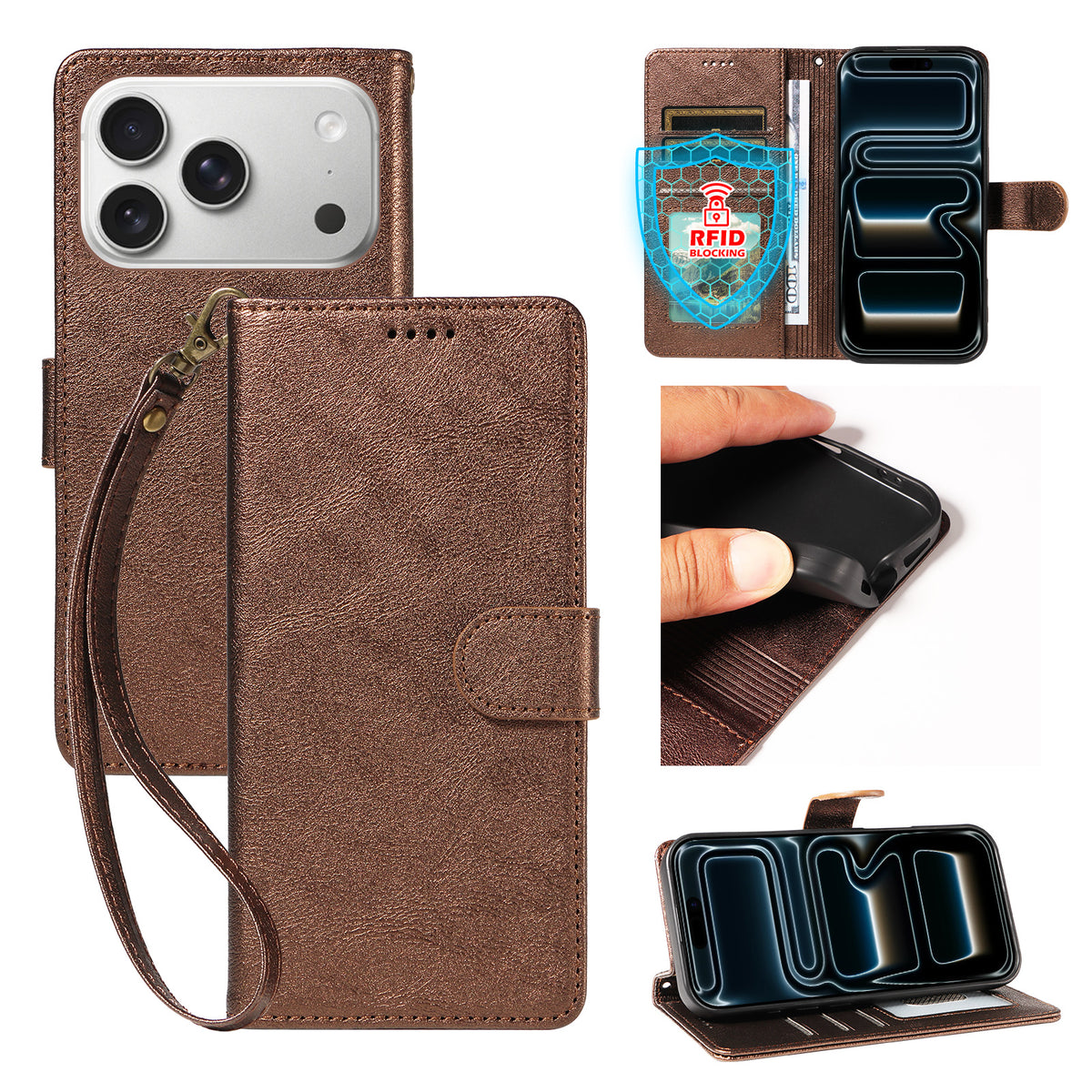 Til iPhone 18 Pro / iPhone 17 Pro cover med håndledsrem RFID-blokerende pung lædercover med koskindstekstur